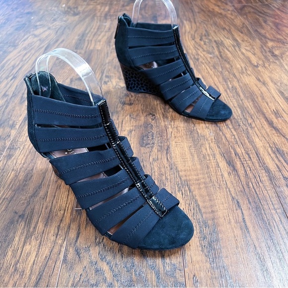 Donald J Pliner • Jada Stretch Wedge Sandal black cage gladiator heel - Picture 2 of 12